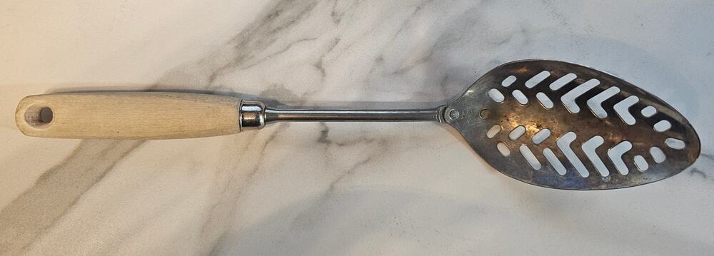 Vintage A & J EKCO Wood Handle Metal Slotted Serving Spoon 12" Long Stainless